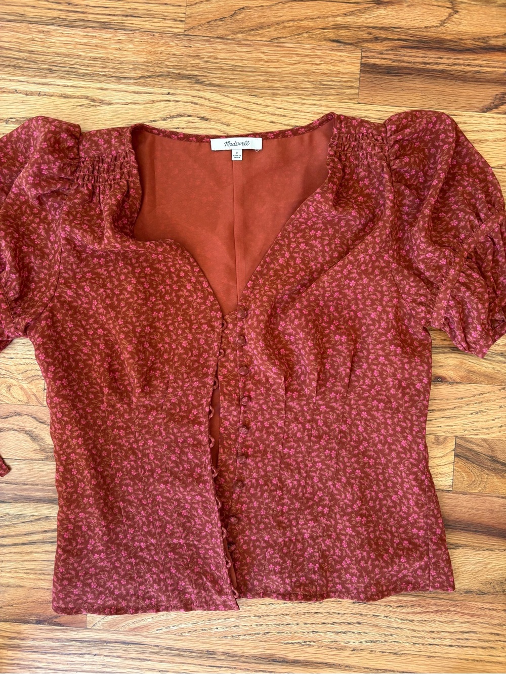 Madewell Rust Red Floral Button-Front Puff Sleeve Top